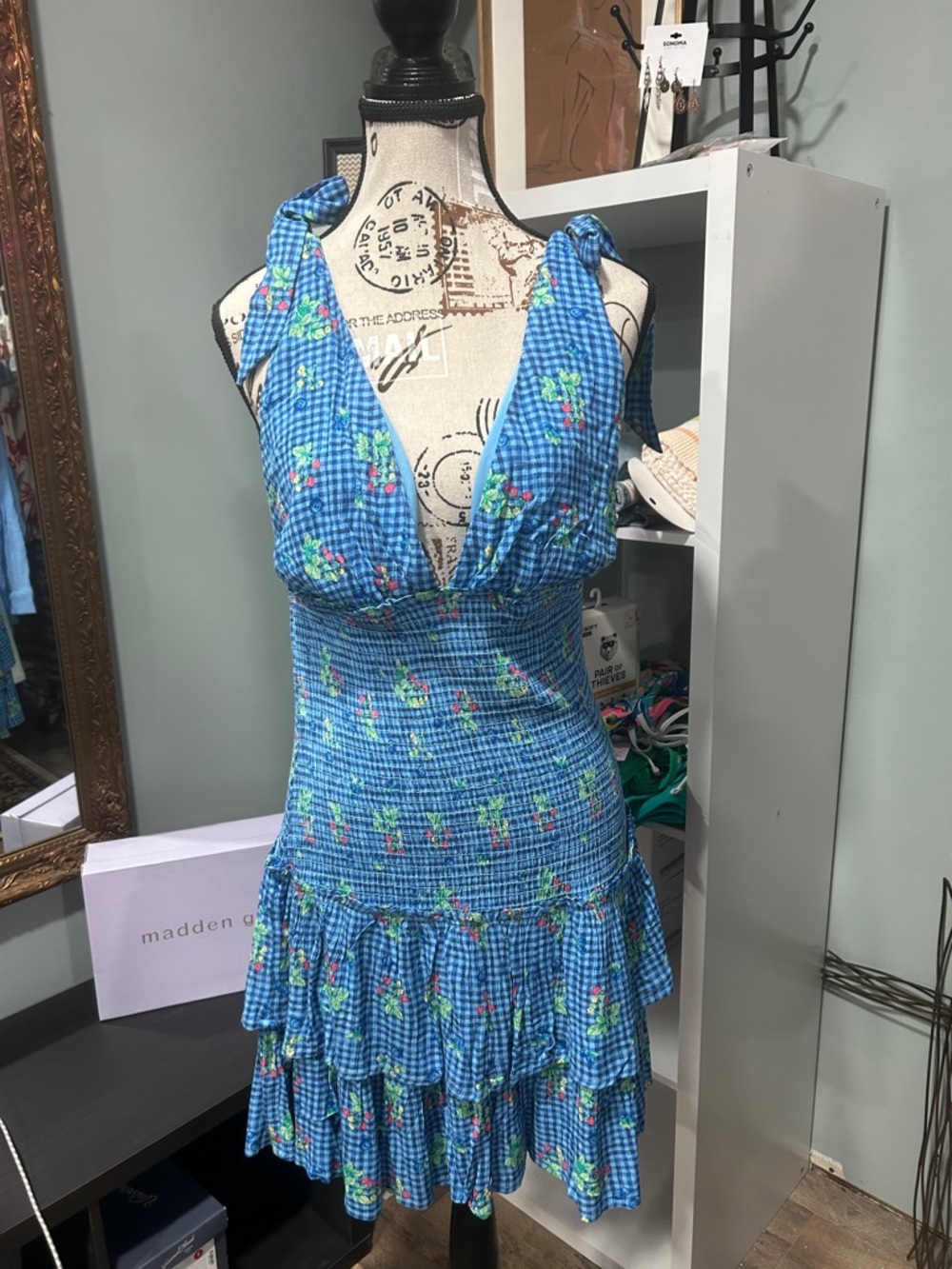wild fable Blue Gingham Floral Halter Mini Dress